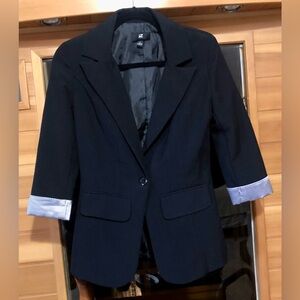 Iz Byer Navy Blazer with Striped Cuff Detail